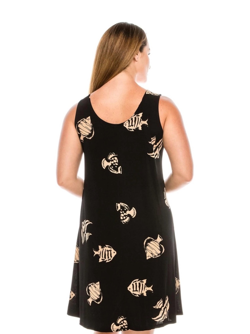 Stretchy Black Tank Dress with Taupe Abstract Fish Print - Picture 2 of 5